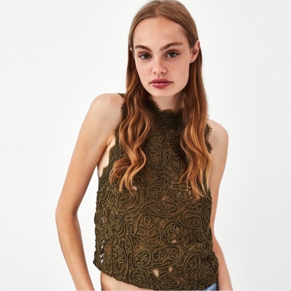 Stunning ZARA Olive Guipure Lace Top